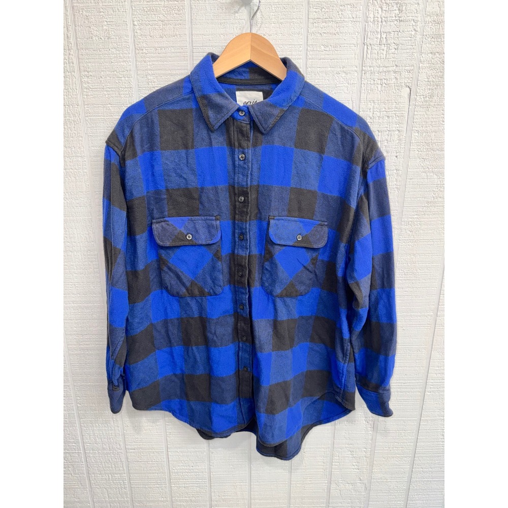 Aerie Flannel Button Down Shirt Women Blue Grey Buffalo Plaid Oversized Small